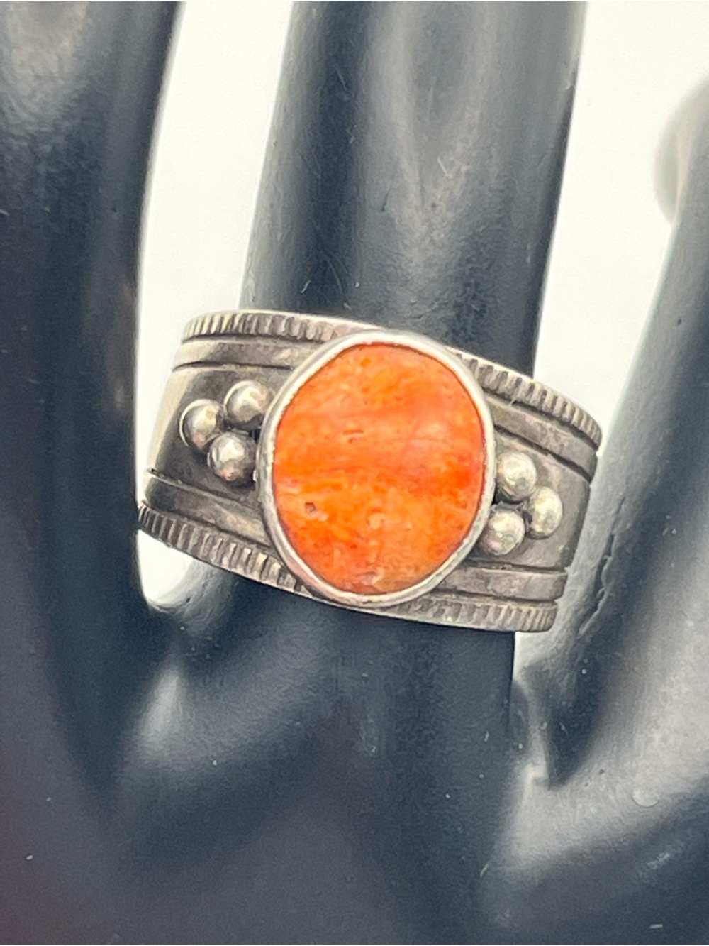 Native American Cortiz corn stalk sterling silver orange cabochon ring size 7.5 - Picture 2 of 15